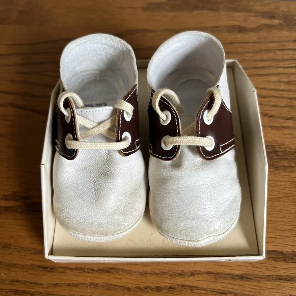 Vintage Mrs. Days Ideal Infant Saddle Shoes Sz 1 Soft Leather Brown White w/box